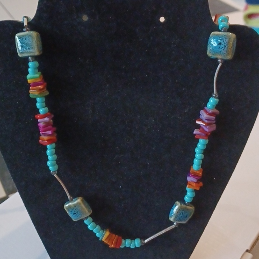 Vintage Turquoise, Silver, Glass & Ceramic Bead Necklace, 26"